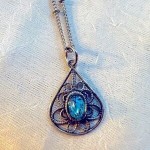 Baked Beads Silver and Blue Gem Necklace